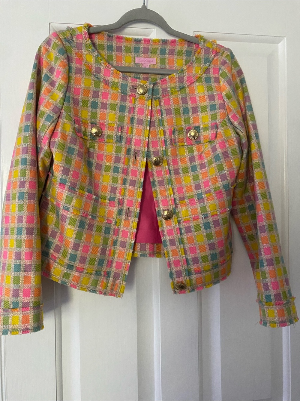 Lilly Pulitzer Multicolor Plaid Tweed Cropped Jacket - Pink, Yellow, Green